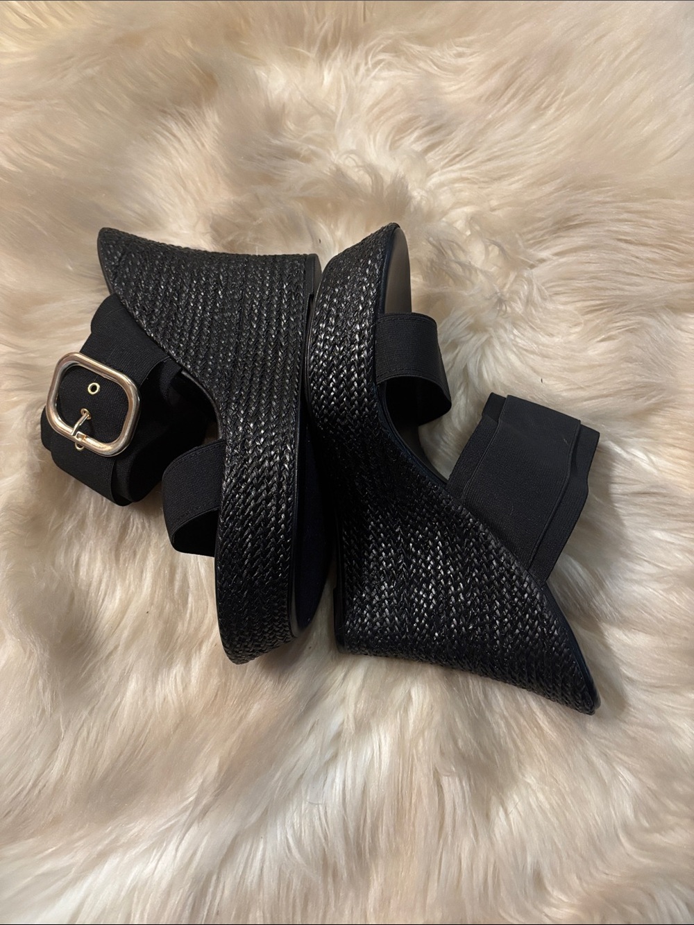 Italian Shoemakers Black Wedge Slide Sandals with Decorative Buckle